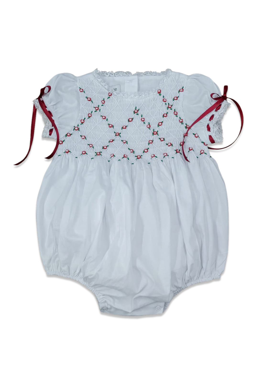 Heirloom Smocked Bubble - White Batiste W/ Red & Green