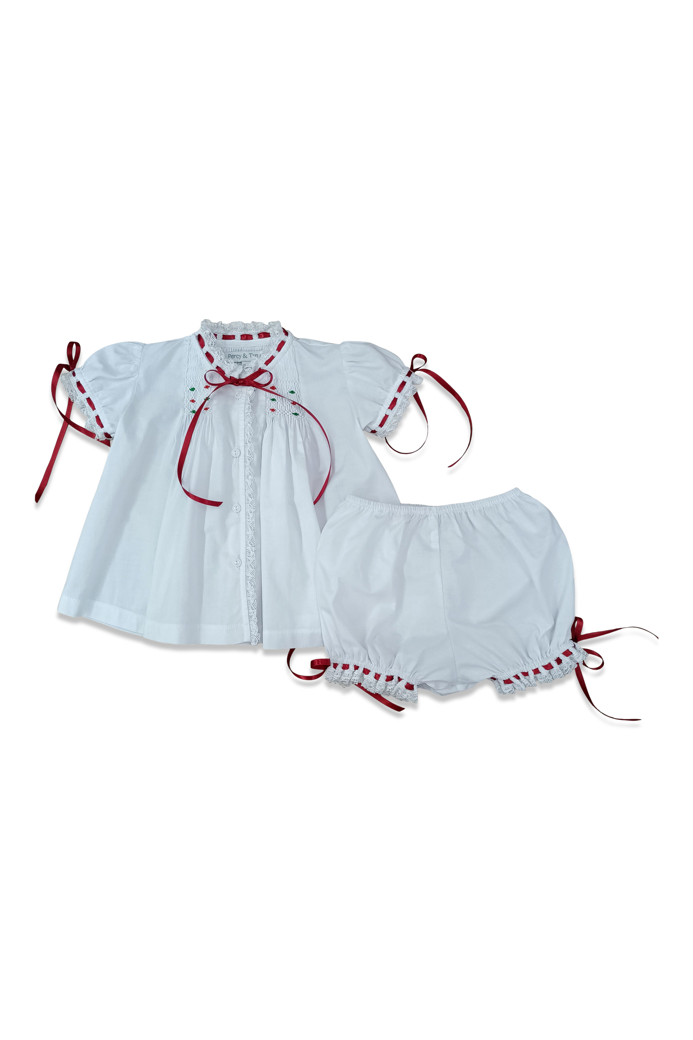 Heirloom Smocked Bloomer Set - White Batiste W/ Red & Green