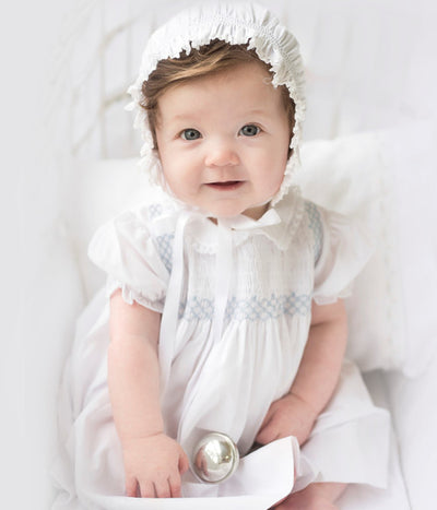 Vintage Smocked Bodice Dress - White/Blue