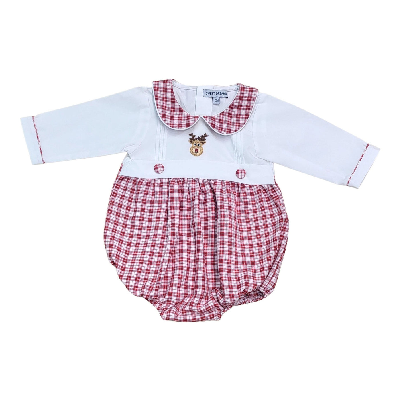 Embroidered Boy Bubble - Red Plaid w/ Rudolph