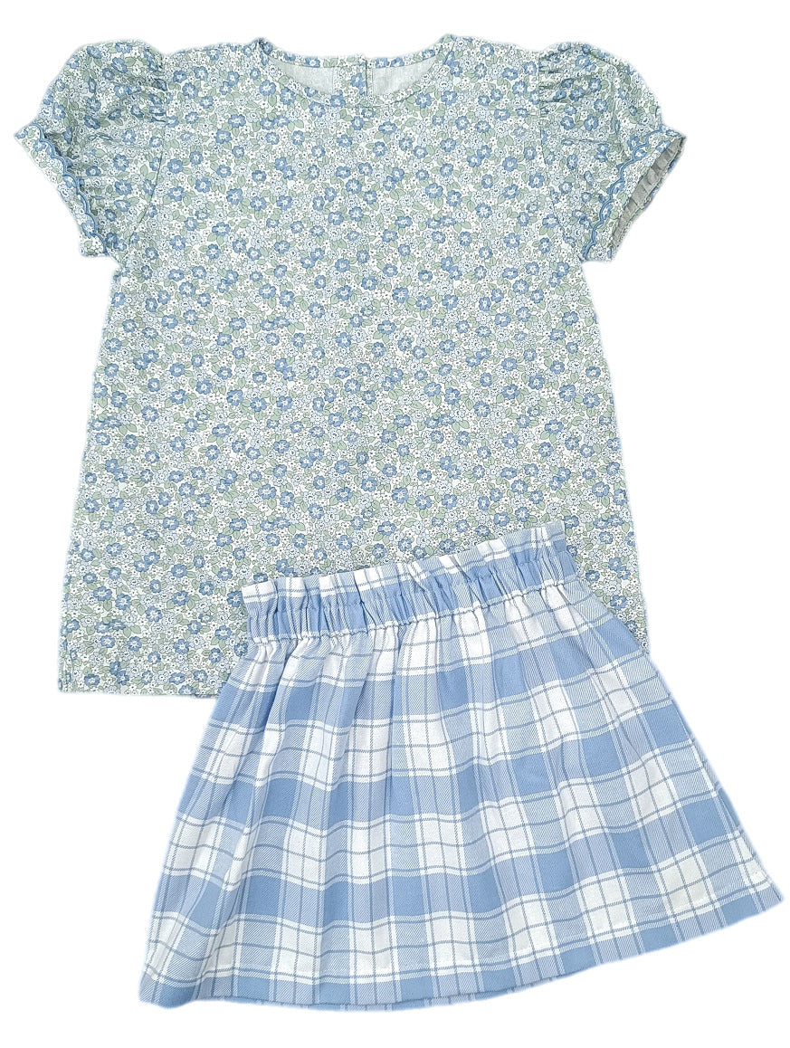 Ella Floral Avery Skirt Set Blue Green Check w/Floral