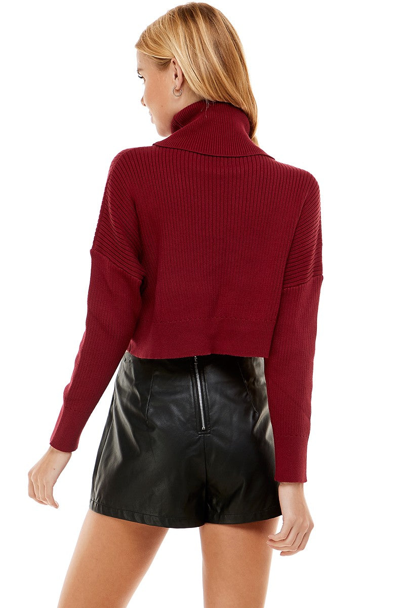 Ribbed Turtleneck Sweater - Burgundy