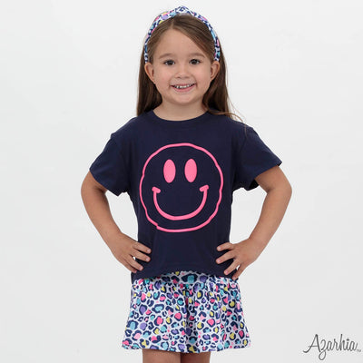 Navy Boxy Tee - Hot Pink Smiley Face