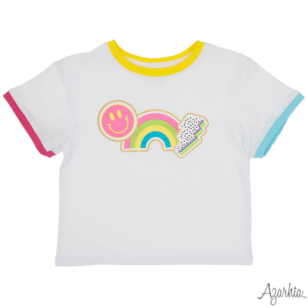Yellow Ringer Tee - Rainbow Smiley