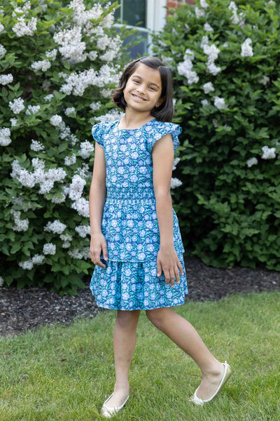 Blue Floral Ruching Dress
