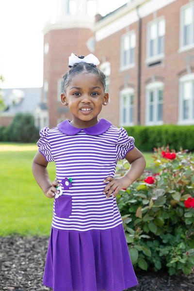 Pleated Knit Dress - Purple Stripe w/ Flowers