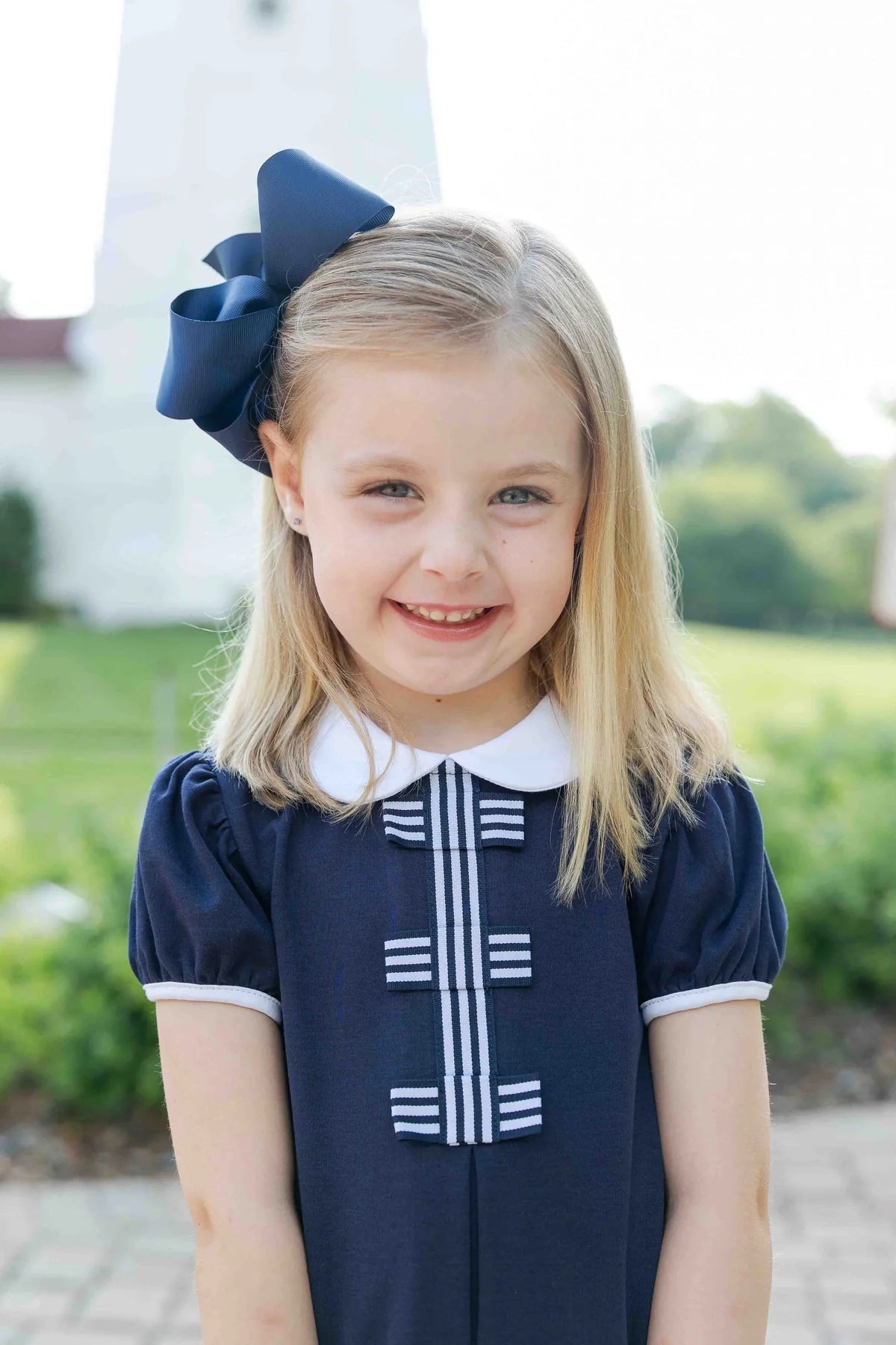 Navy Peter Pan Dress w/ Striped Ribbon Bows