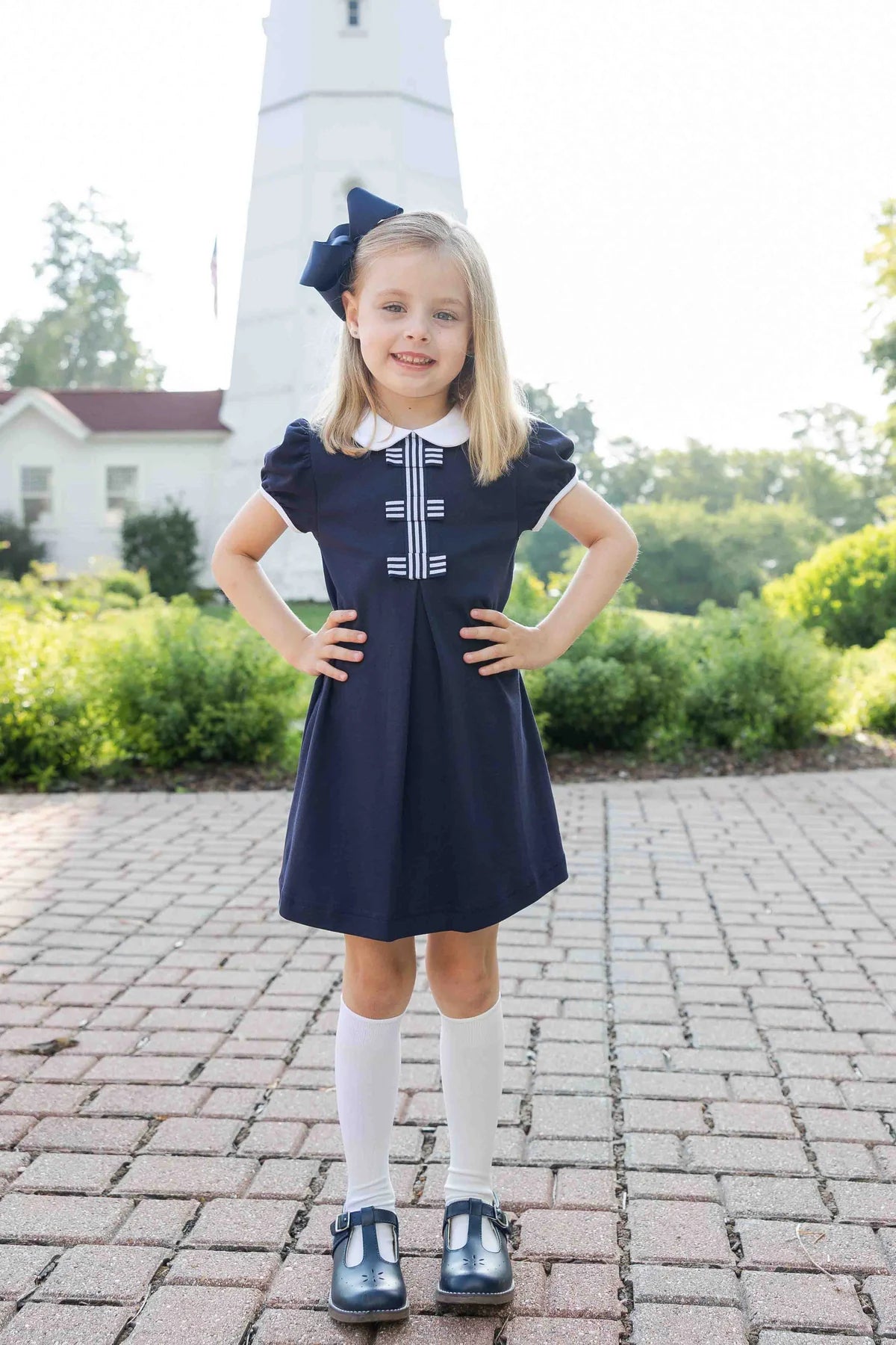 Navy Peter Pan Dress w/ Striped Ribbon Bows