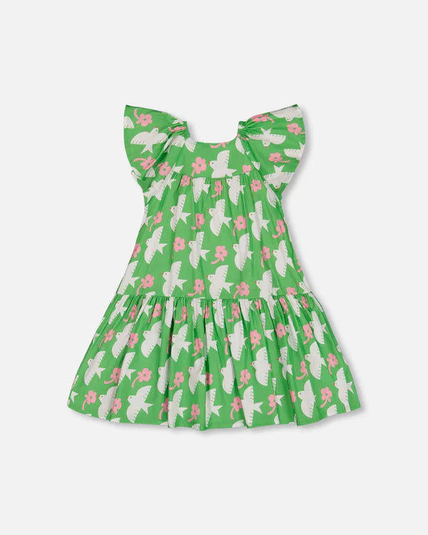 Deux Printed Birds Flounce Sleeve Dress