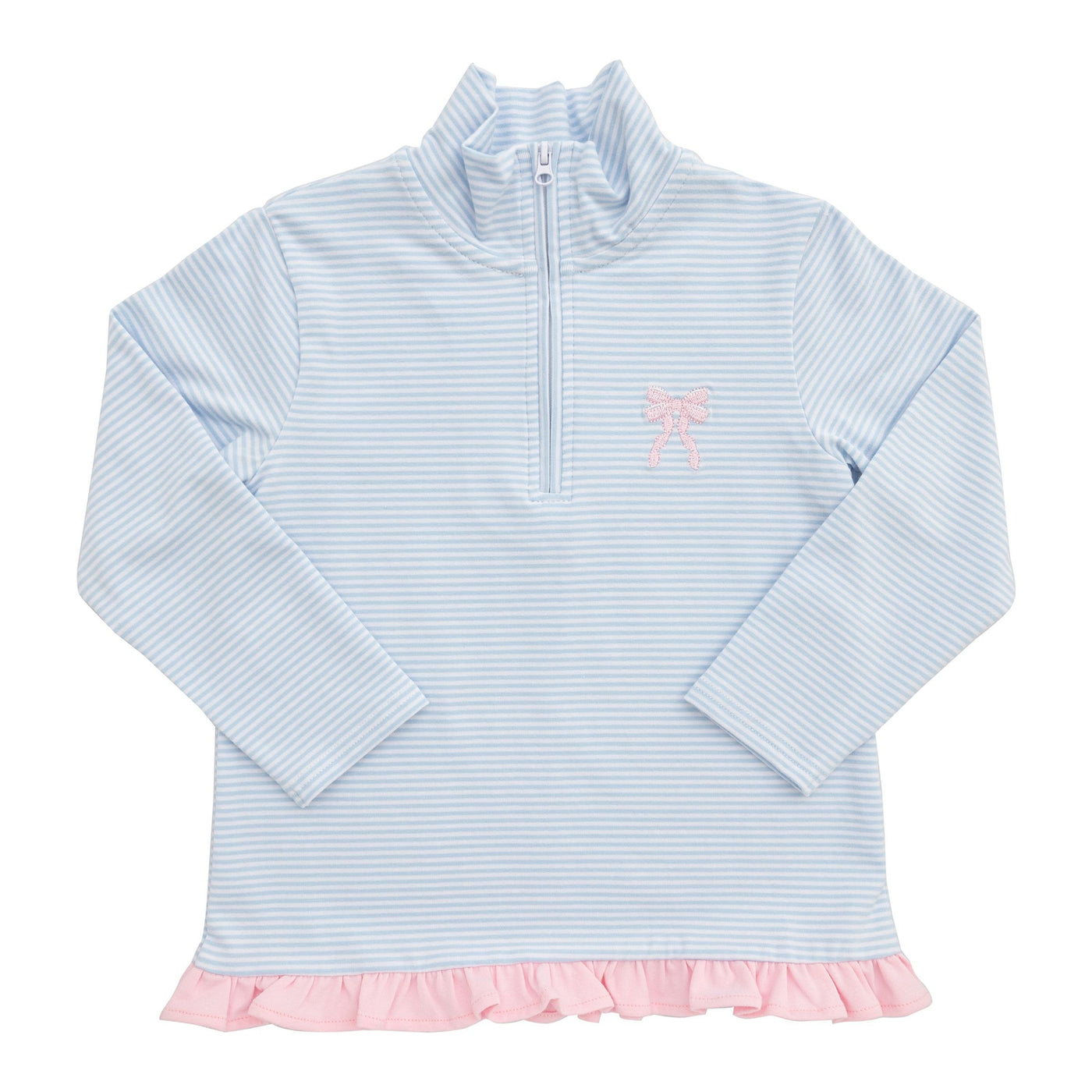 Light Blue Stripe Quarter Zip Ruffle Pullover - Bow