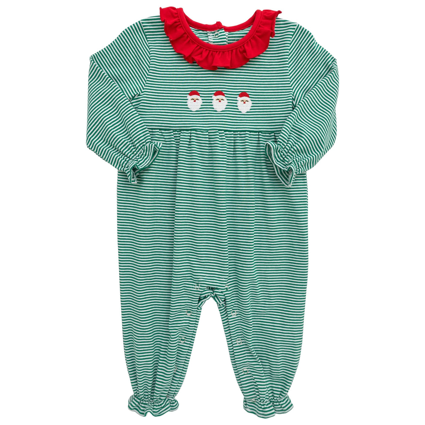 Green Stripe Ruffle Romper - Santa