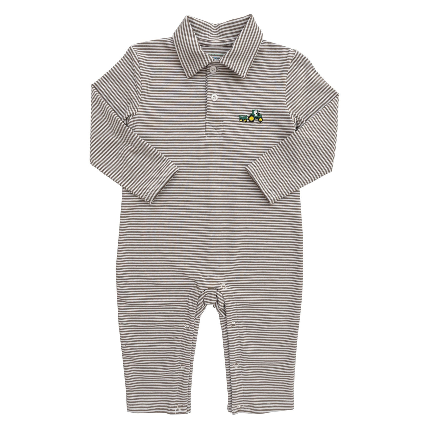 Brown Stripe L/S Polo Romper - Tractor