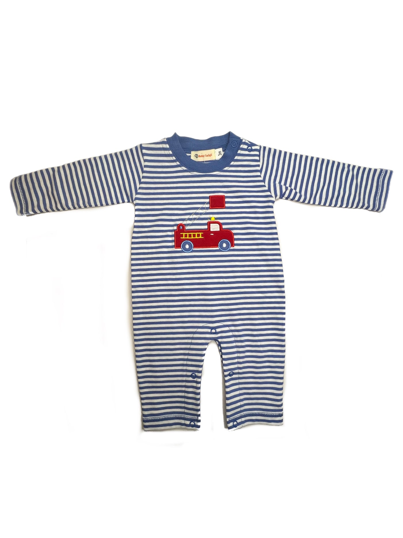 Luigi L/S  Blue & White Stripe Firetruck Romper