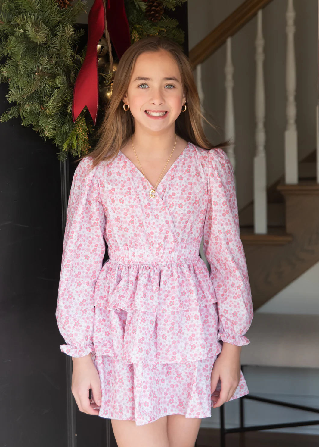 L/S Tiered Dress - Pink Floral