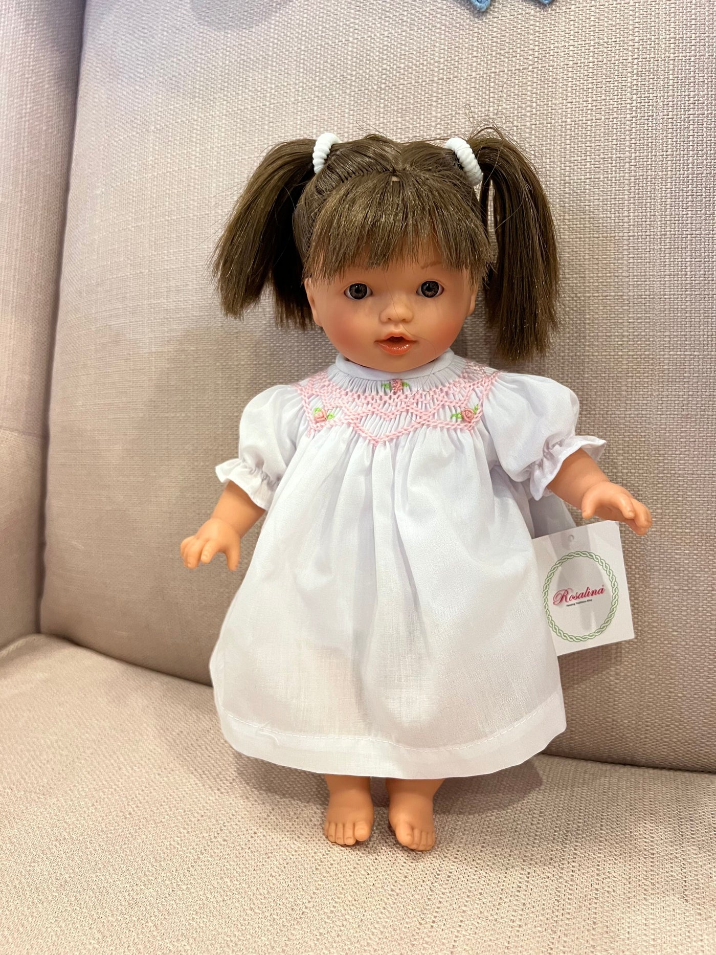 Rose 10" Doll Brown Pigtails Brown Eyes White Dress