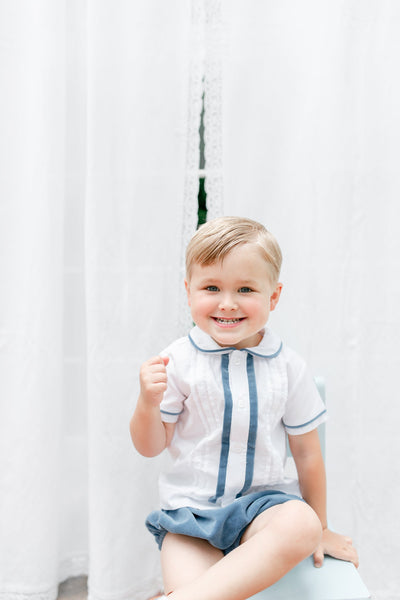 Boys Short Set - White Batiste & Slate Blue Velvet