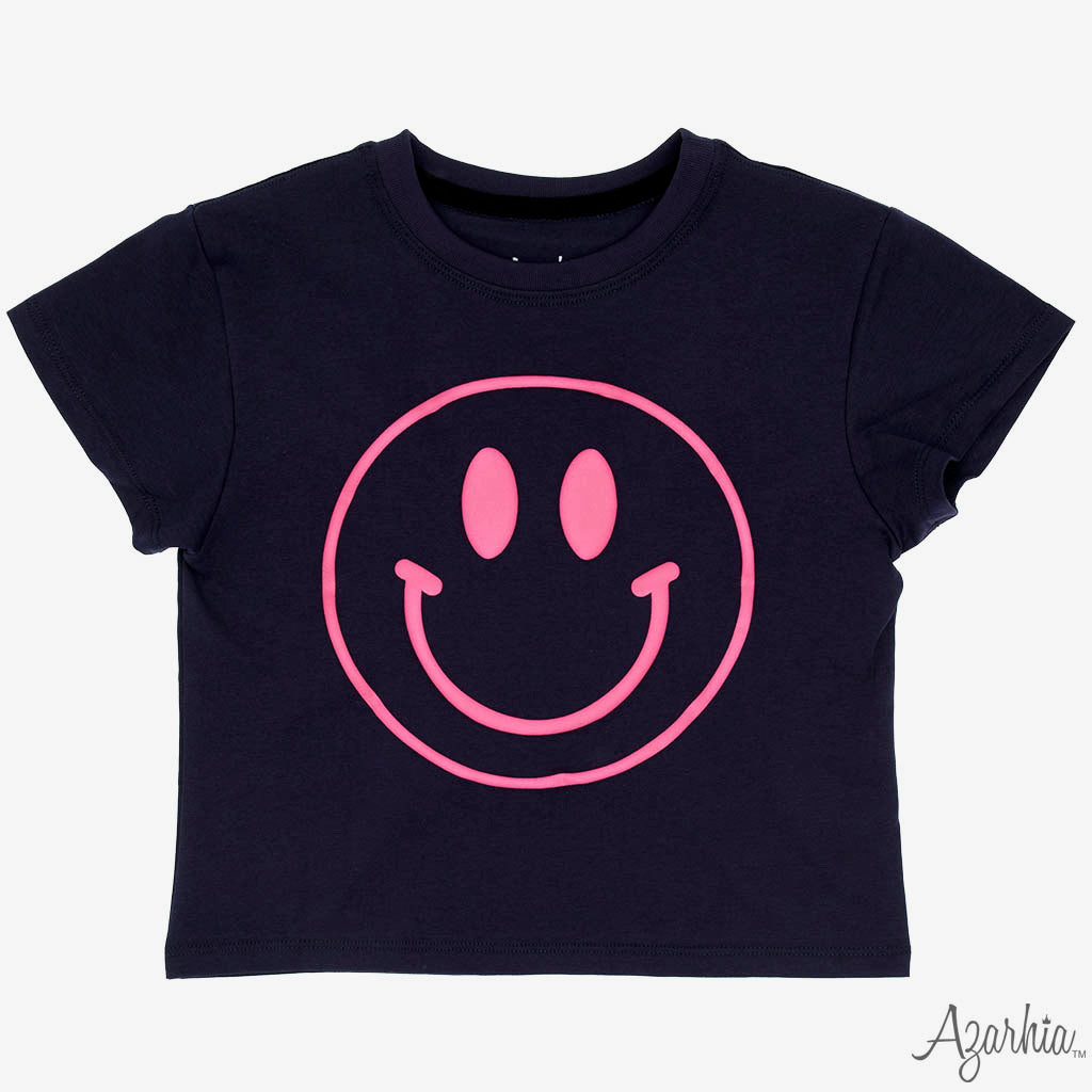Navy Boxy Tee - Hot Pink Smiley Face