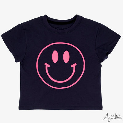 Navy Boxy Tee - Hot Pink Smiley Face