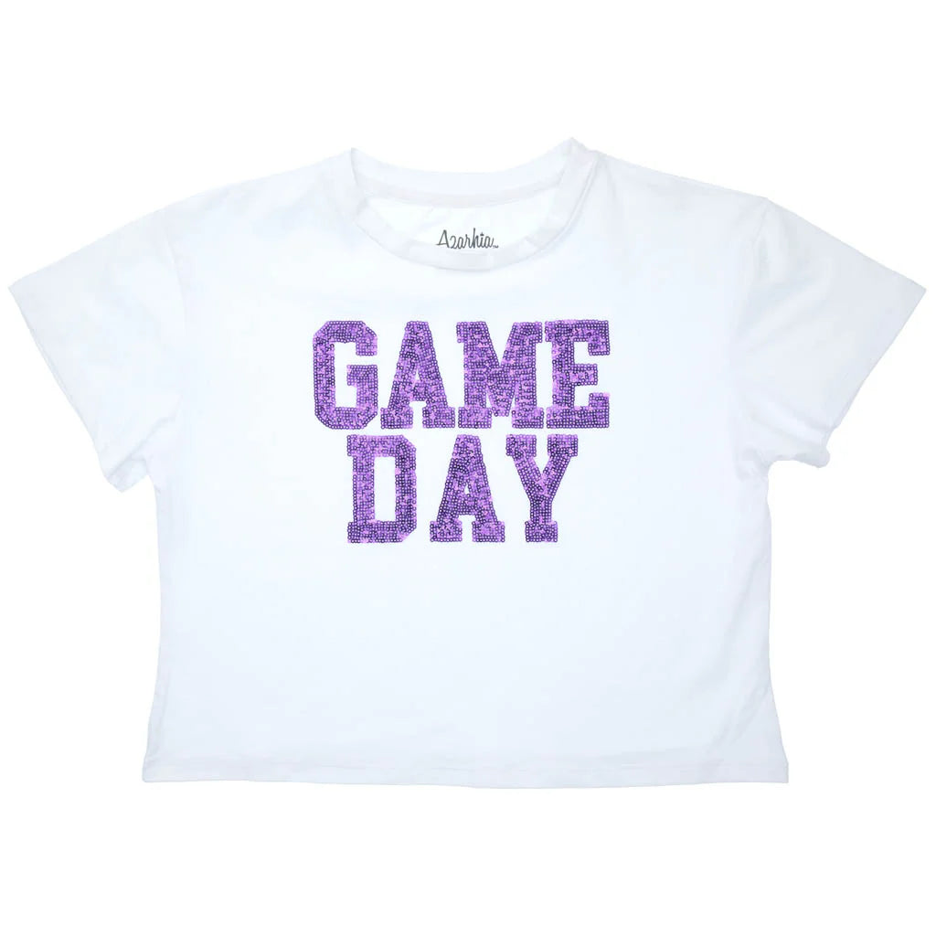 Sequin Game Day Purple White Boxy Tee