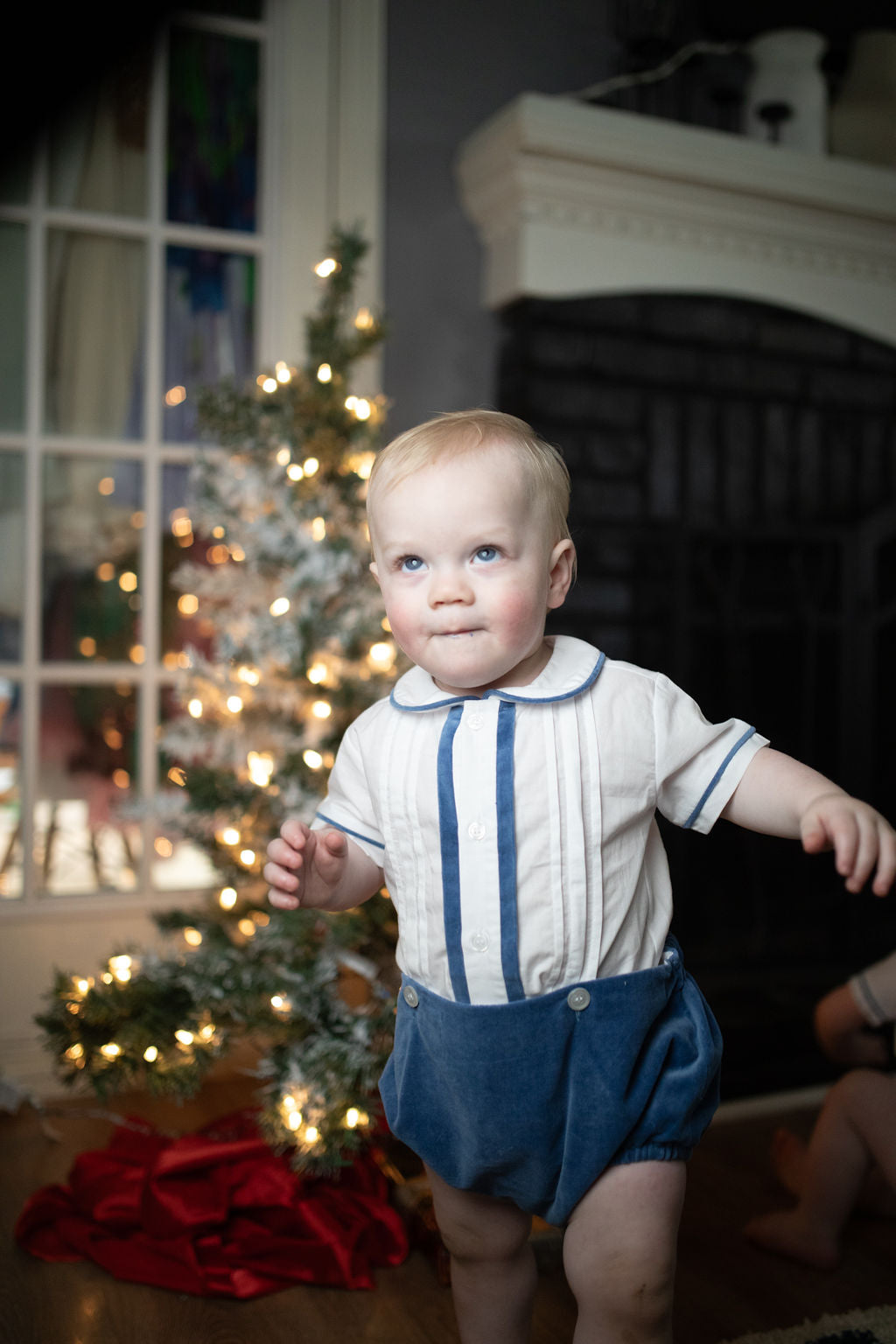 Boys Heirloom Bubble - White Batiste & Slate Blue Velvet