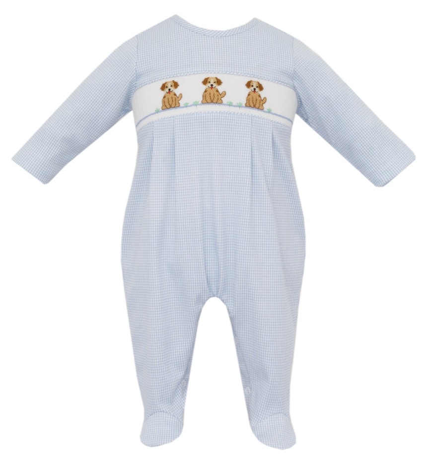 Blue Check Knit Boy Long Footie - Puppies