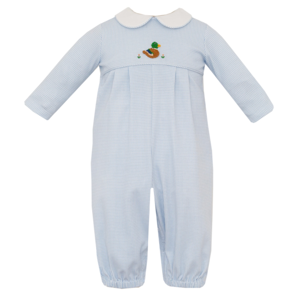 Blue Check Knit Boy Long Romper - Mallard