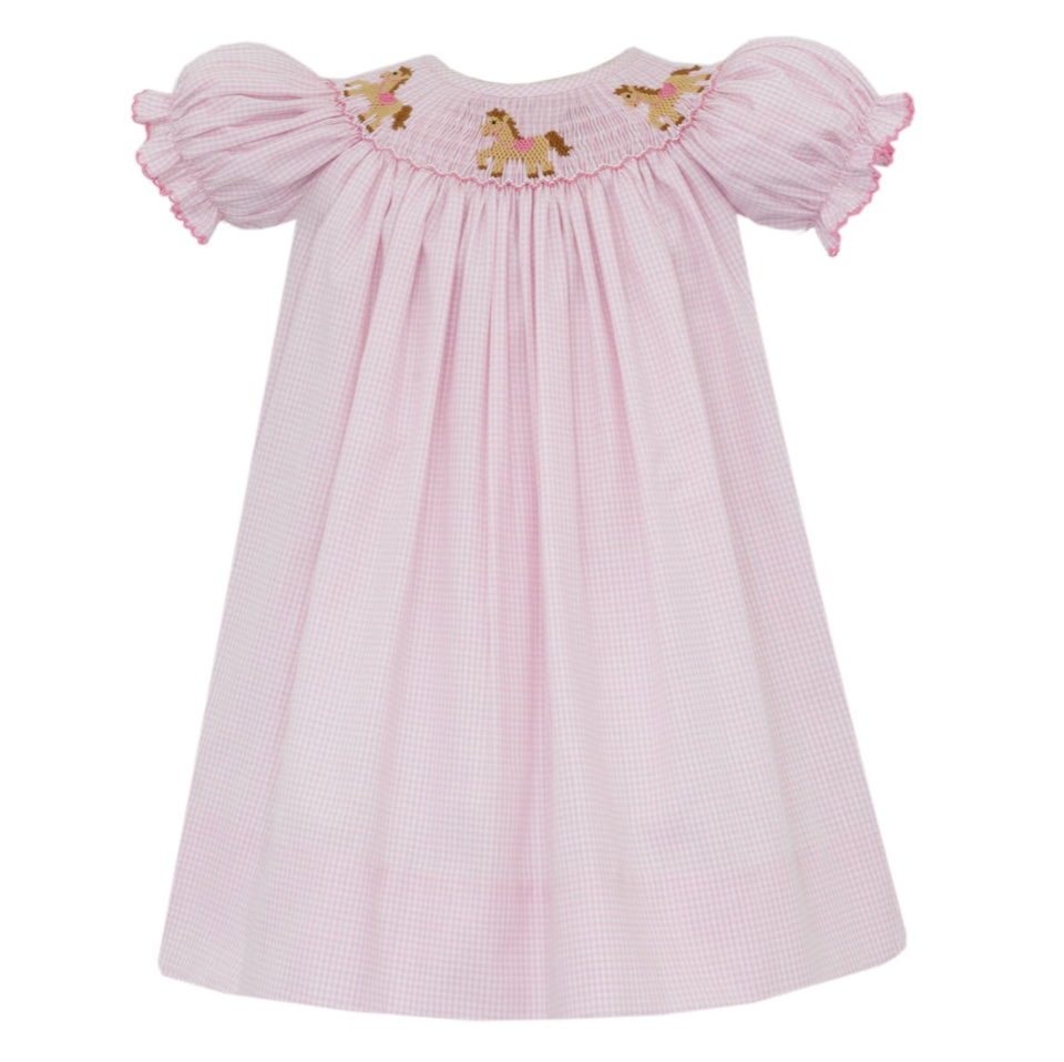 Pink Gingham Bishop Dress - Horses