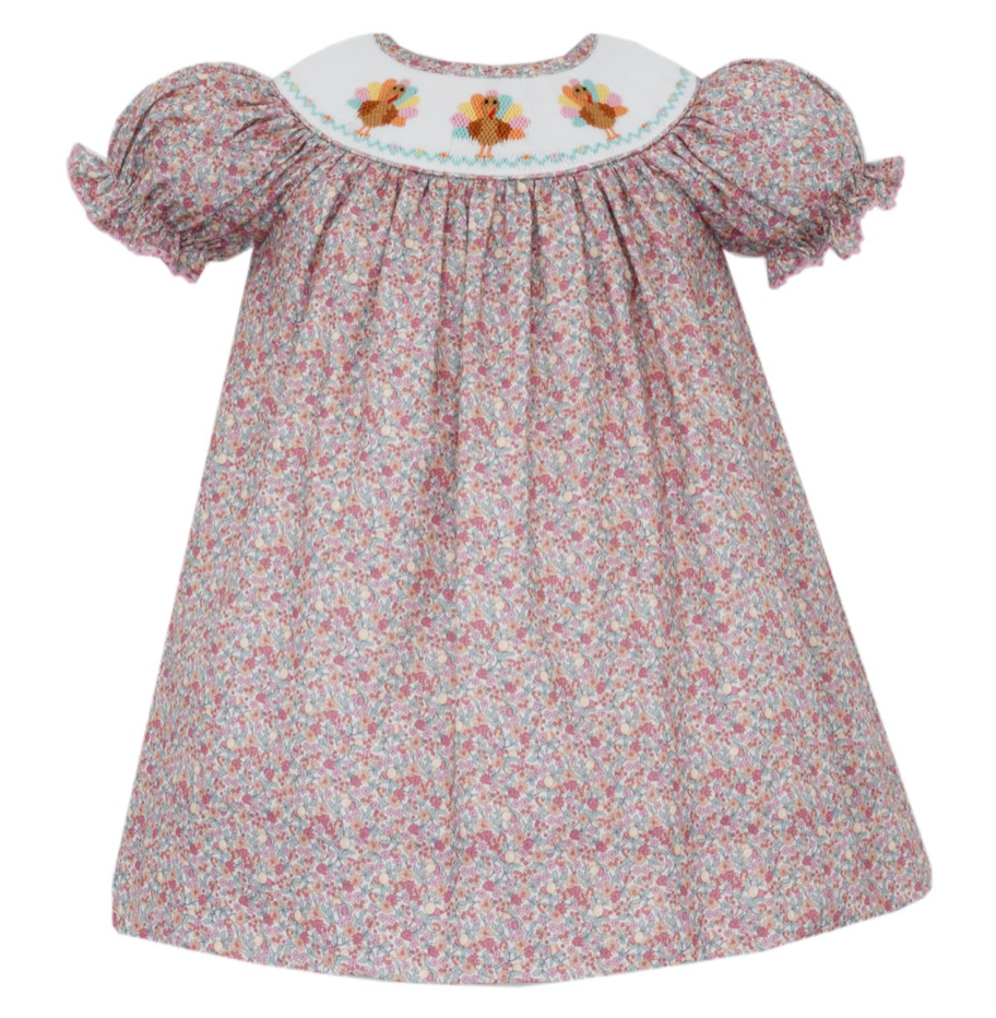 Pink Floral Bishop Dress - Turkey