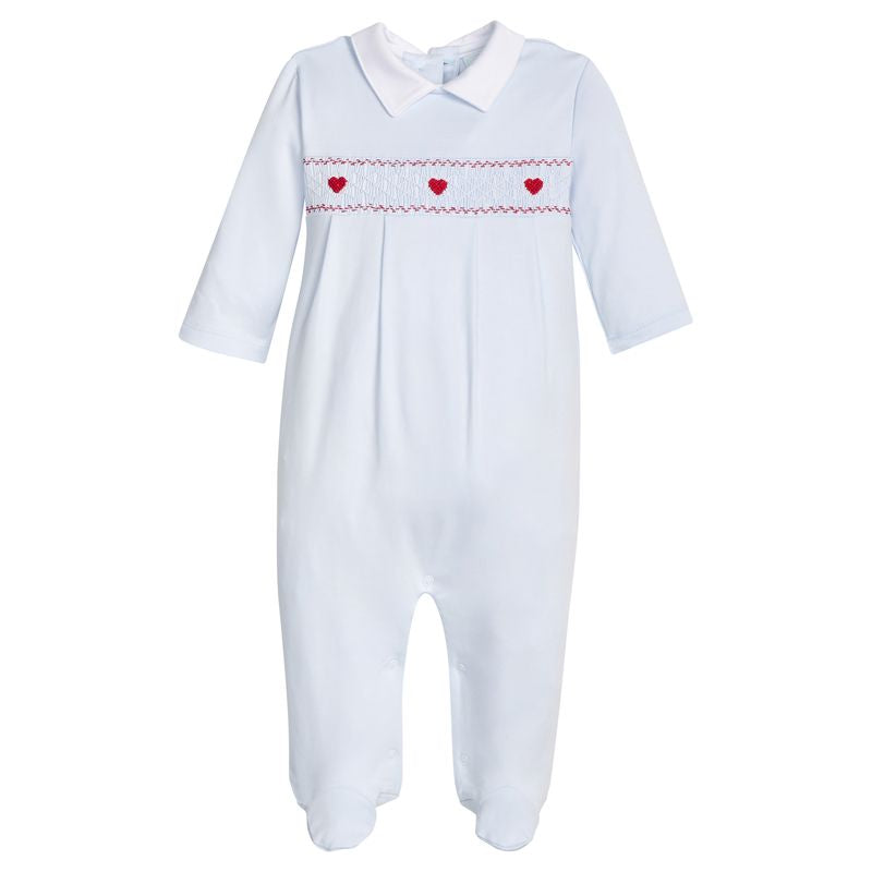 Smocked Footie - Blue Hearts