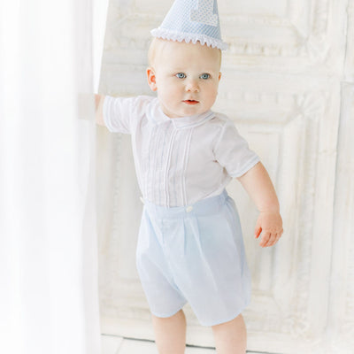 Boy Feather Stitch Bobby Suit - White/Blue