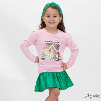 Pink Holly Sweatshirt - Sequin Gingerbread House
