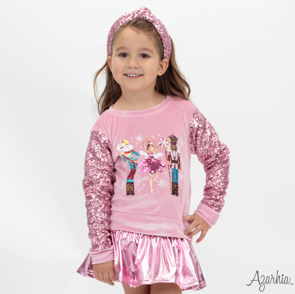 Sequin Sleeve Pink Velvet Sweatshirt - Nutcracker