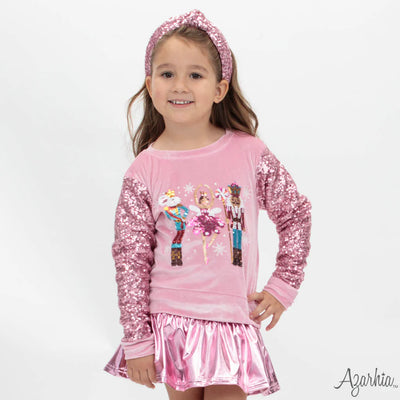 Sequin Sleeve Pink Velvet Sweatshirt - Nutcracker