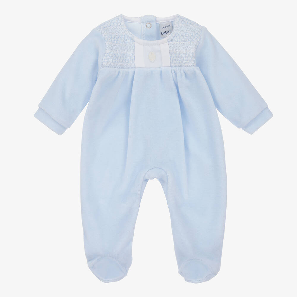Smocked Velour Babygrow - Sky Blue