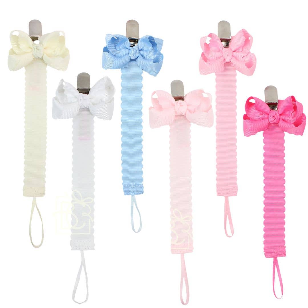 Scalloped Grosgrain Pacifier Clip w/ Detachable Bow: Antique White