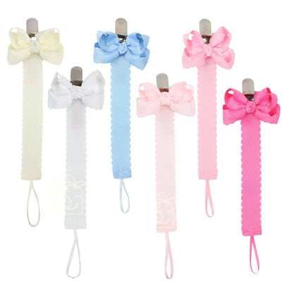 Scalloped Grosgrain Pacifier Clip w/ Detachable Bow: Antique White