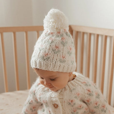 Beanie Hat - White Bitty Blooms