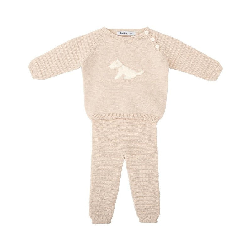 Two-Piece Knitted Set w/ Scottie Dog - Sand Brown