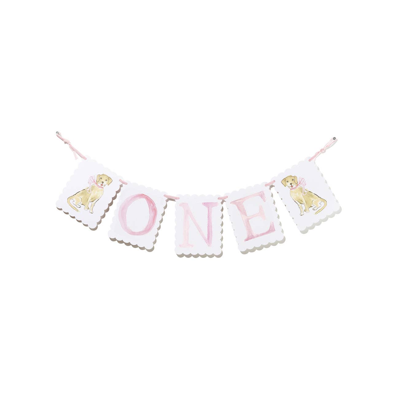 "ONE" Highchair Banner with Pink Bow/Puppy Dog End Pieces