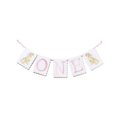 "ONE" Highchair Banner with Pink Bow/Puppy Dog End Pieces