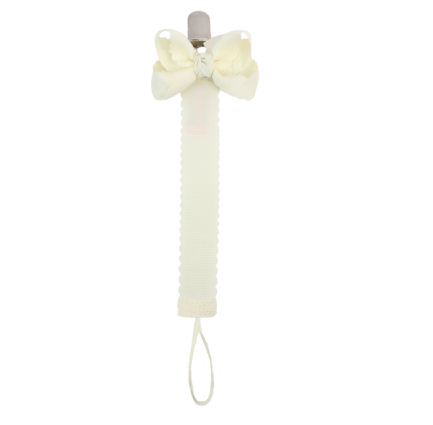 Scalloped Grosgrain Pacifier Clip w/ Detachable Bow: Antique White