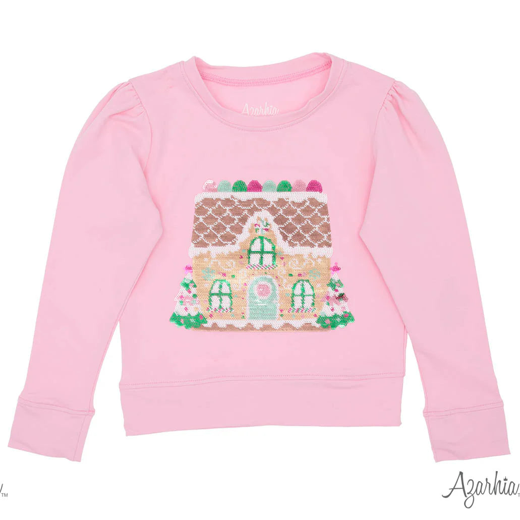 Pink Holly Sweatshirt - Sequin Gingerbread House