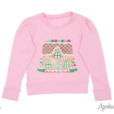 Pink Holly Sweatshirt - Sequin Gingerbread House