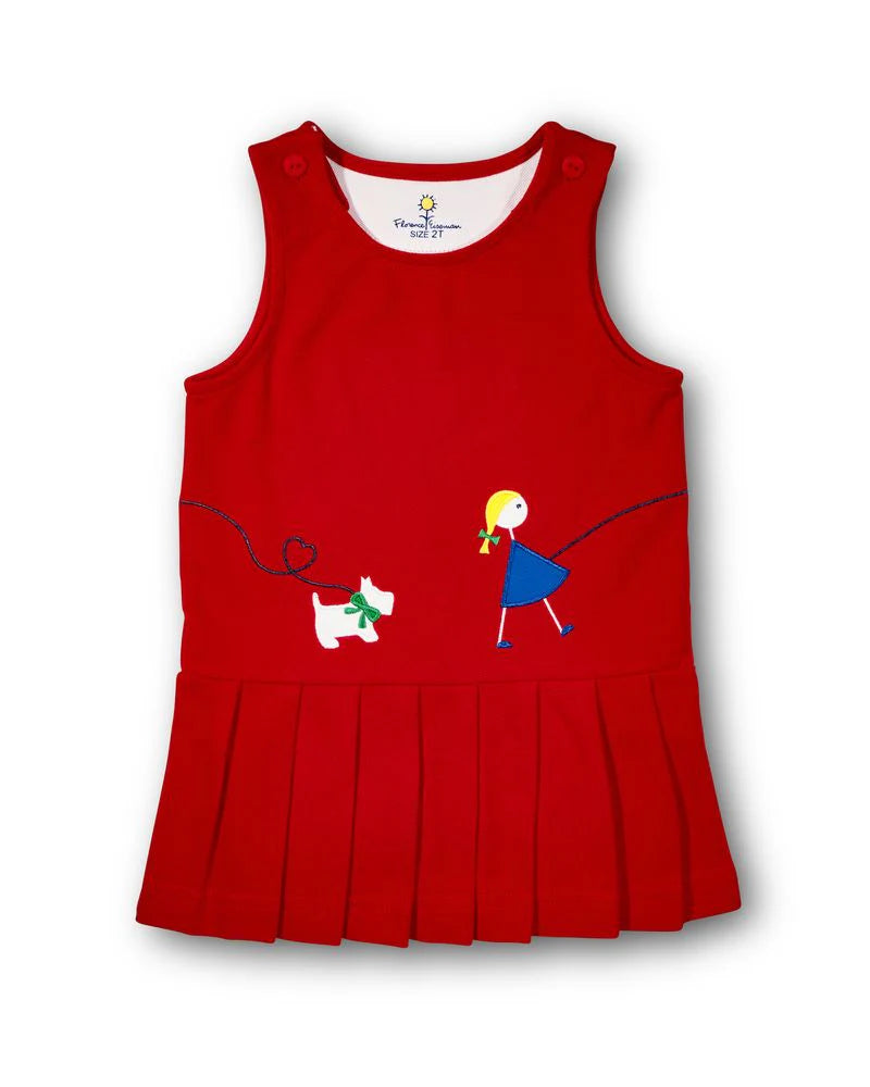 Red Pique Pleated Jumper - Girl Walking Dog