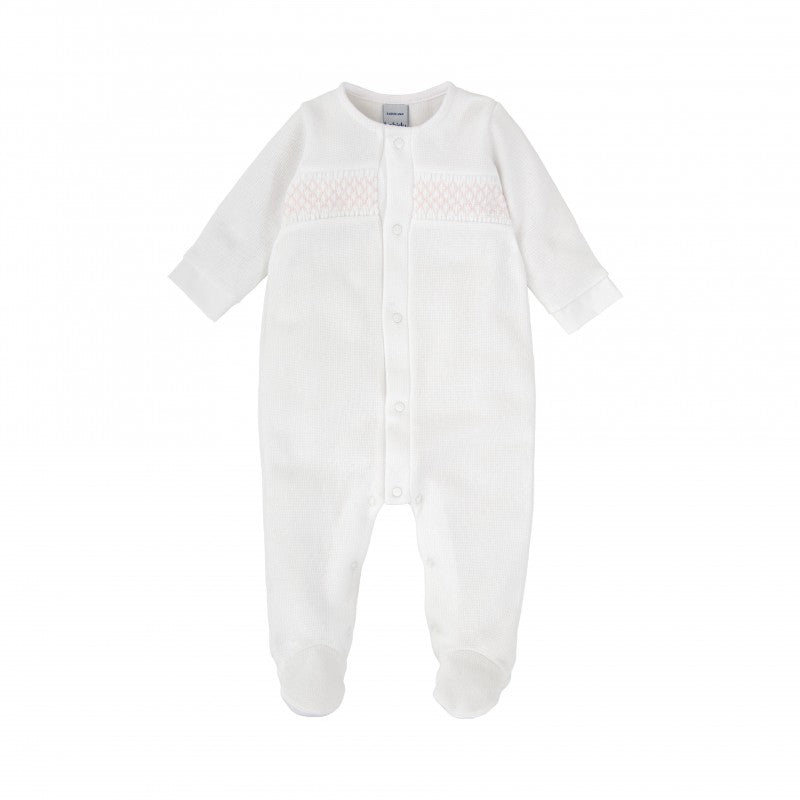 Cotton Knitted Babygrow - White/ Pink Smock