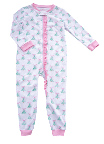 One Piece Zip Up Jammies - Pink Ging Christmas Tree