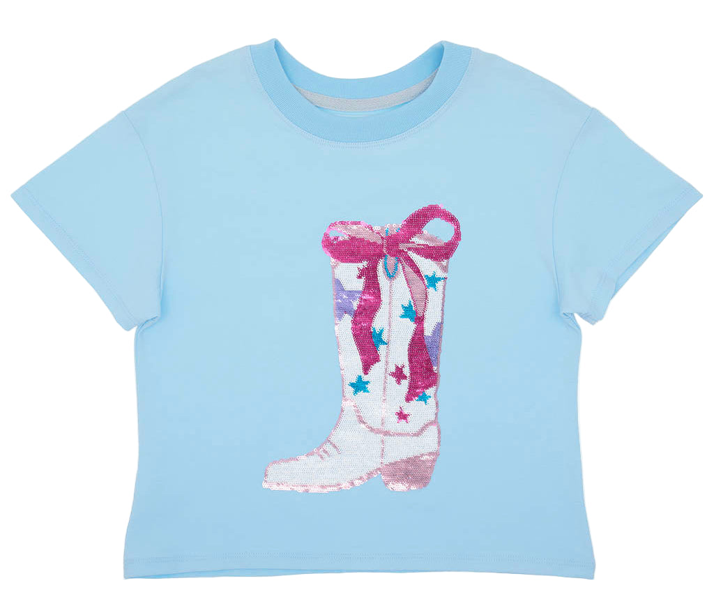 Blue Sequin Cowgirl Boot Boxy Tee