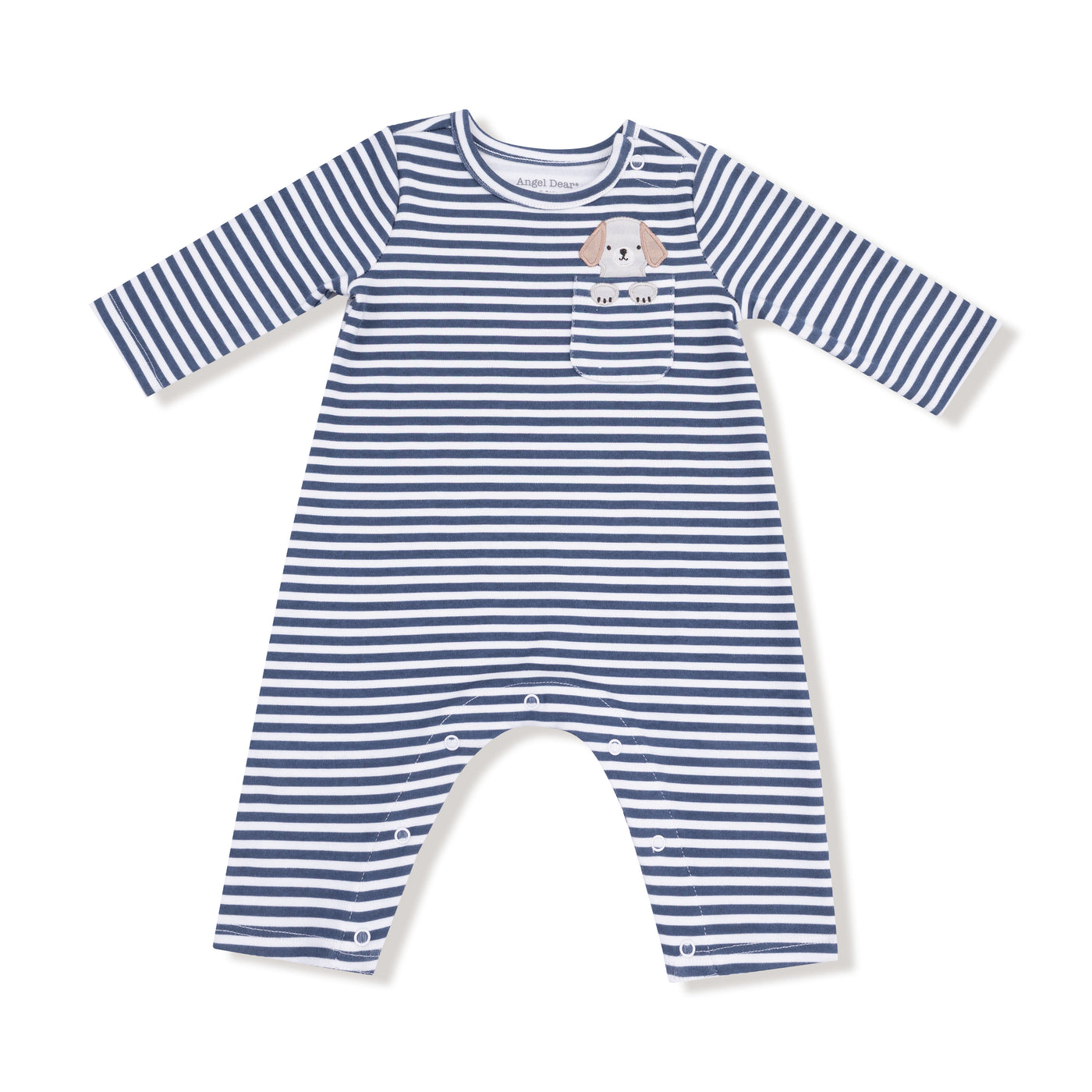 Snap Shoulder Romper - Navy Stripe Puppy