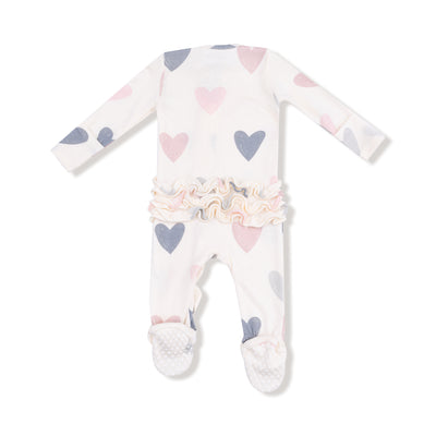Ribbed Modal Ruffle Zipper Footie - Hearts