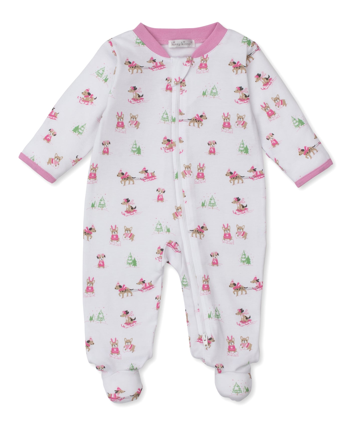 Zipper Footie - Puppy's Sleigh Riding Fun - Pink